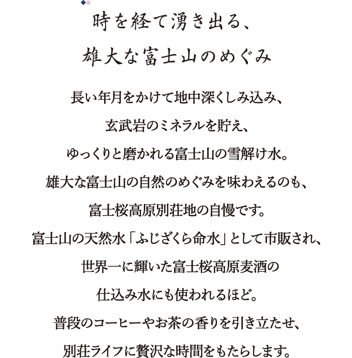 長い年月をかけて地中深くしみ込み、玄武岩のミネラルを貯え、ゆっくりと磨かれる富士山の雪解け水。雄大な富士山の自然のめぐみを味わえるのも、富士桜高原別荘地の自慢です。富士山の天然水「ふじざくら命水」として市販され、世界一に輝いた富士桜高原麦酒の仕込み水にも使われるほど。普段のコーヒーやお茶の香りを引き立たせ、別荘ライフに贅沢な時間をもたらします。